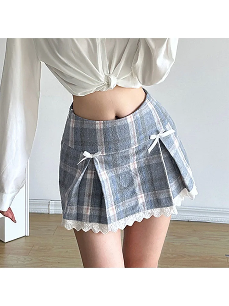 Woman Preppy Style Mini Korean Skirt A-line Elegant Skirt Casual Pleated Daily Skirt Romantic Skirt Sweet Kawaii Plaid Contrast