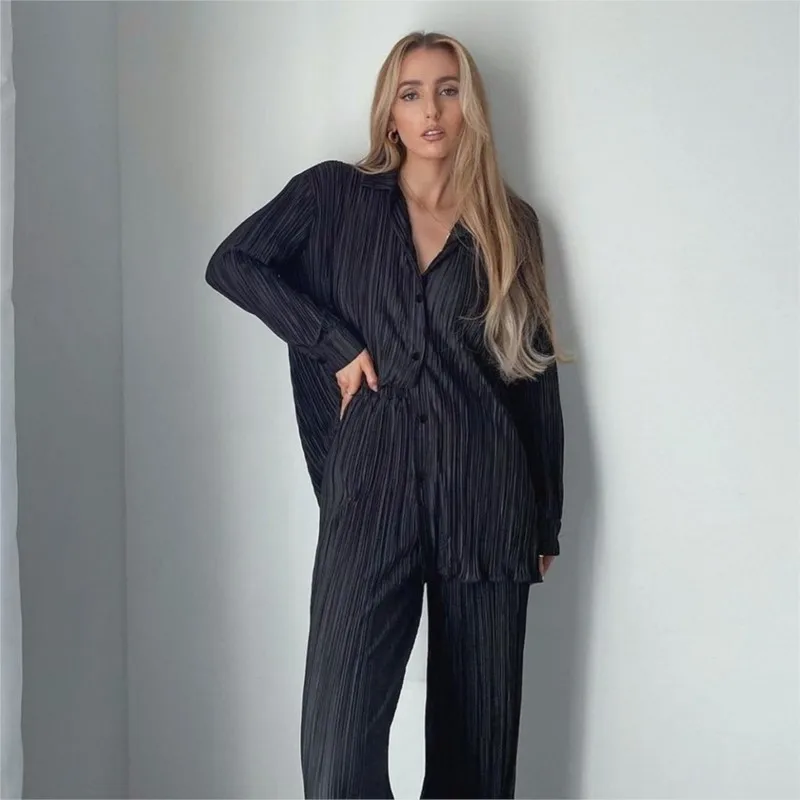 Pleated Long Sleeve Shirt Wide Leg Pants 2 Piece Set Women Outfits Spring Summer Streetwear Traf Femme 2024 Mujer Pant Sets