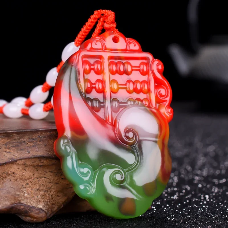 Colorful Jade Ruyi Abacus Pendant Necklace Jewellery Chinese Hand-Carved Relax Healing Women Man Luck Gift Free Rope P06