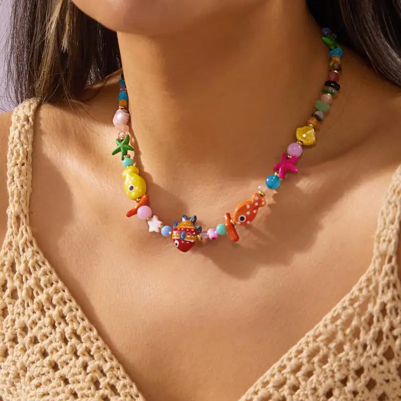 Eco-friendly Acrylic Beaded Choker Necklace Cute Fish Starfish Ocean Charms for Women Summer Casual Daily Wear