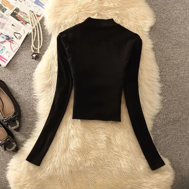 High-necked unique long-sleeved chic spice girl top women's new autumn and winter design short niche senior slim bottoming shirt