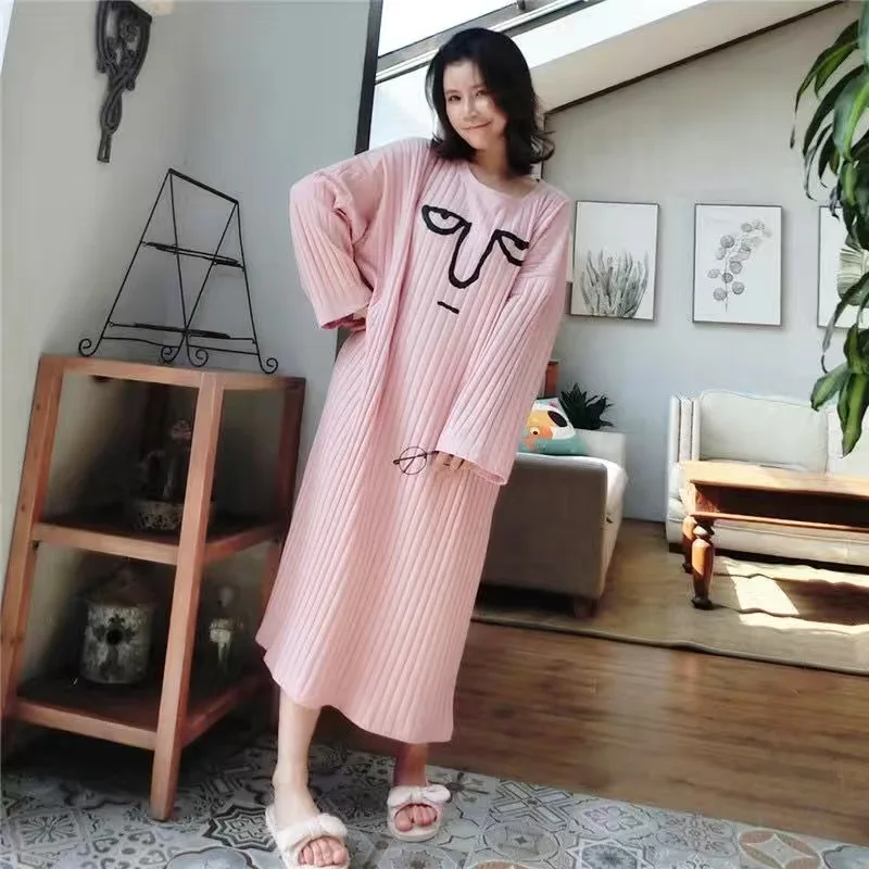 Women's Long Sleeve Loose Nightgowns, Warm Homewear Pyjama, Chic Leisure, Mid-calf, Soft, Korean Style, Primted, 5XL, Autumn