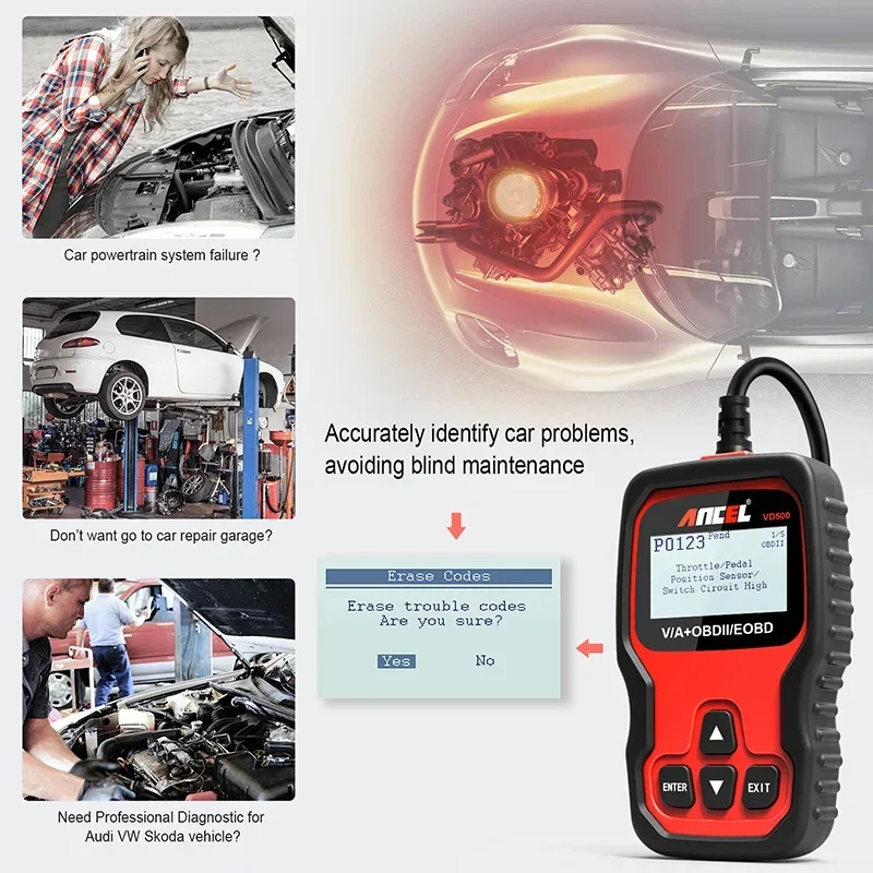 Ancel VD500 OBD2 Scanner Car Code Reader Oil Reset EPB DTC TP ABS SRS Full System Diagnostic Tool for VW for Audi for V.A.G