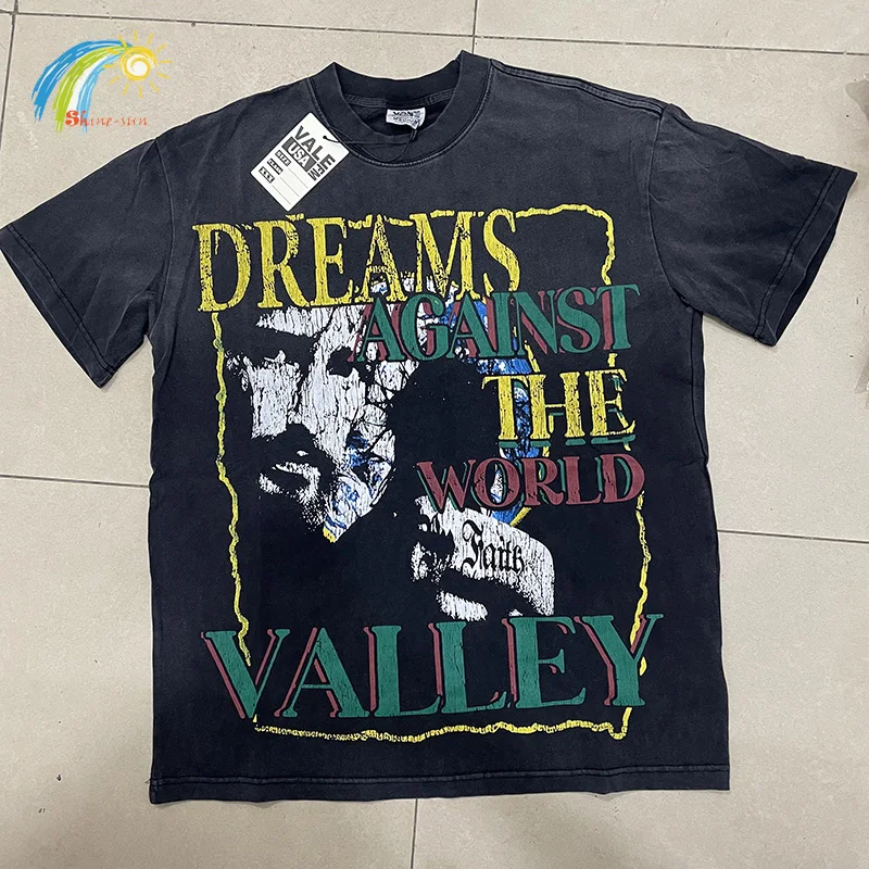 

25SS футболка с принтом потрескавшихся персонажей Valley Fest для мужчин и женщин, хлопковая футболка лучшего качества, винтажная потертая черная футболка Vale, топ