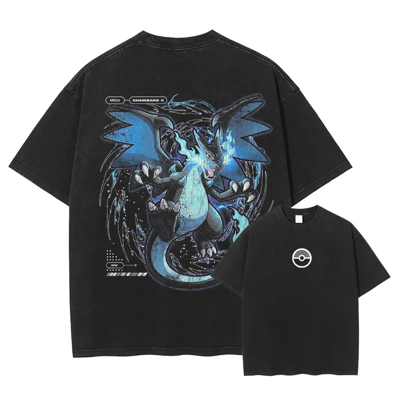 Camiseta Anime Poke Ball Moon Eevee Lugia Butterfree DTG Vintage Lavada Streetwear Manga Tops Tees Masculina Feminina 100% Algodão