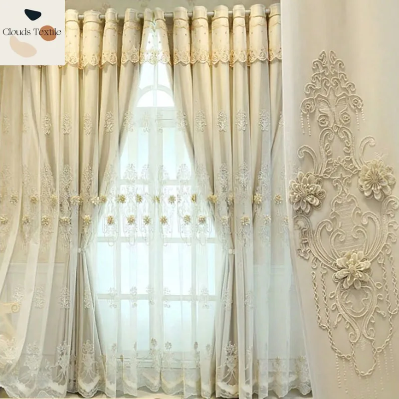 

1 PC Embroidered 3D Transparent Compact Curtains for Living Dining Room Bedroom Luxurious Restaurant Blackout Customize