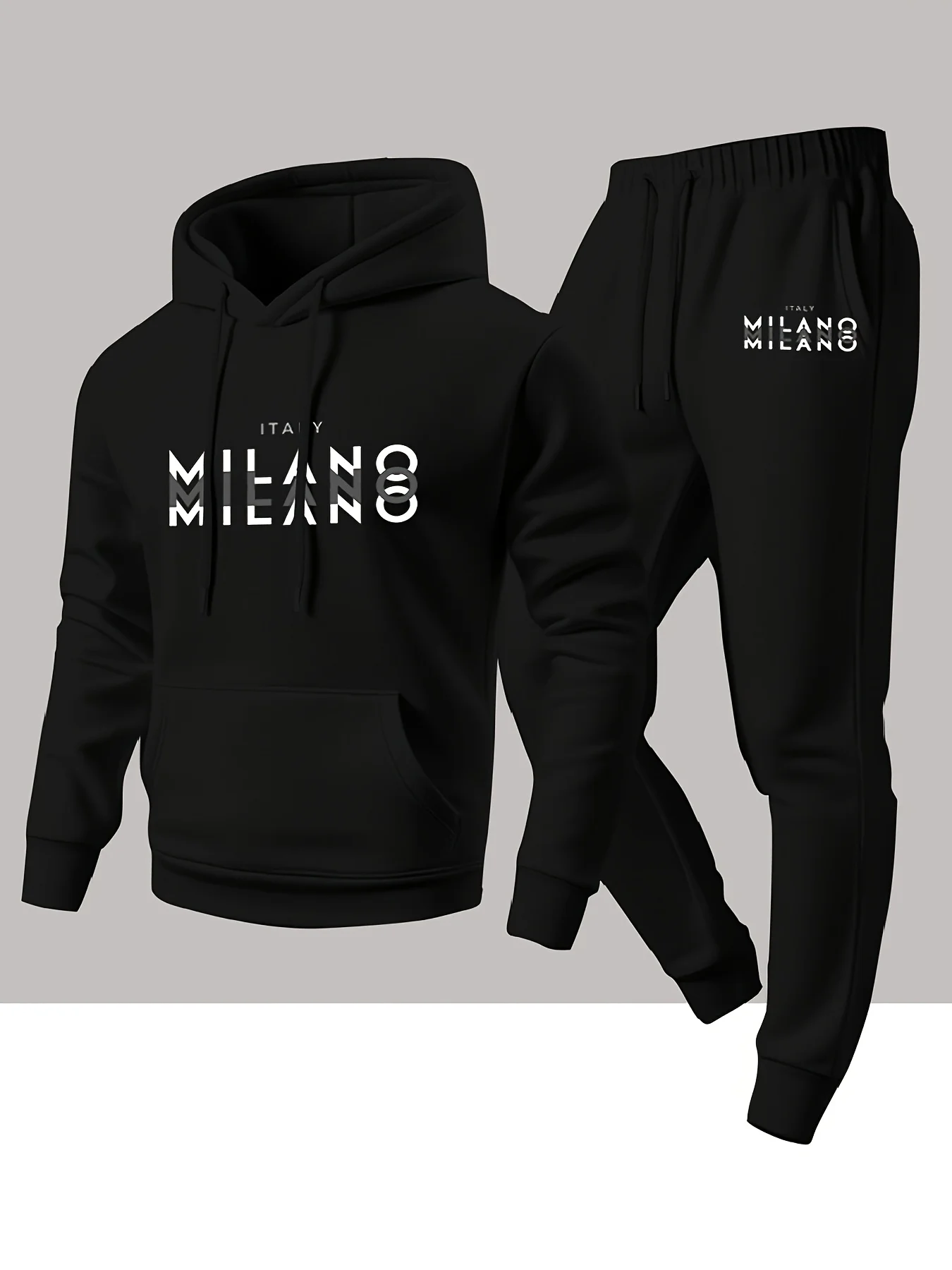 2026 Men Casual 2 Piece Tracksuit Italian Milan Style Letter Print Hooded Sweatshirt Jogger Pants Fashion Daily Sport Outfit
