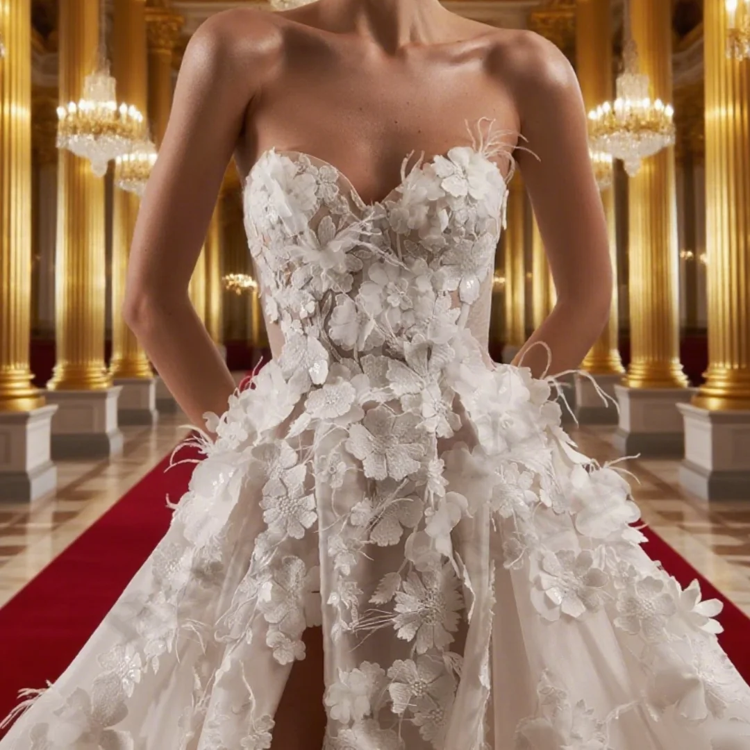 العصرية شق فستان الزفاف حفلة عيد ميلاد فساتين حفلات الحبيب فانوس الأكمام الدانتيل يزين ريشة ألف خط مخصص