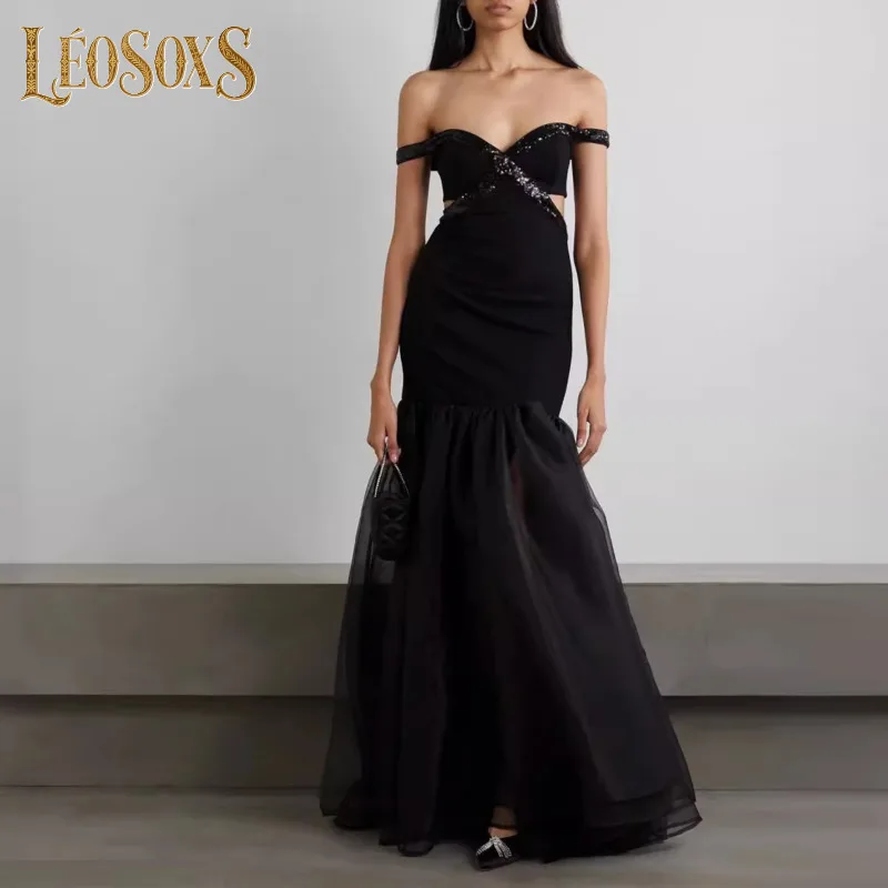 2025 nuevo elegante mujer verano celebridad Sexy sin tirantes diamantes recortados negro Maxi vestido largo elegante vestido de fiesta de noche para discoteca