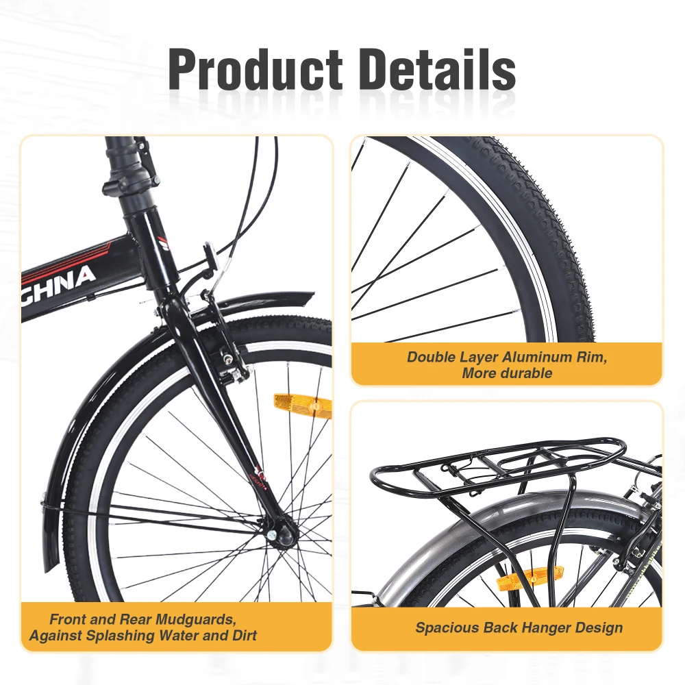 Free Shipping 24Inch Adults Folding Bike Single Speed Steel Frame Dual V Brakes 220LBS Capacity Fenders Compact Commuter Bicycle
