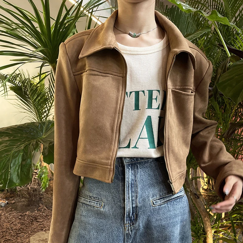 Gidyq Korean Women Streetwear Jacket Autumn Casual Cropped Loose Outerwear Harajuku Casual Female All Match Zipper Coats New