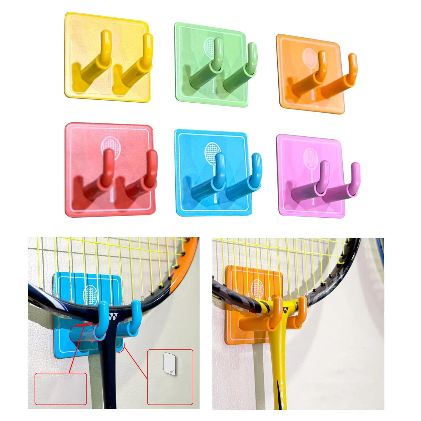 6x Wall Mounted Racket Rack Universal Metal Hanging Hook Heavy Duty Tennis Racket Holder for Gym Game Room Bedroom Garage