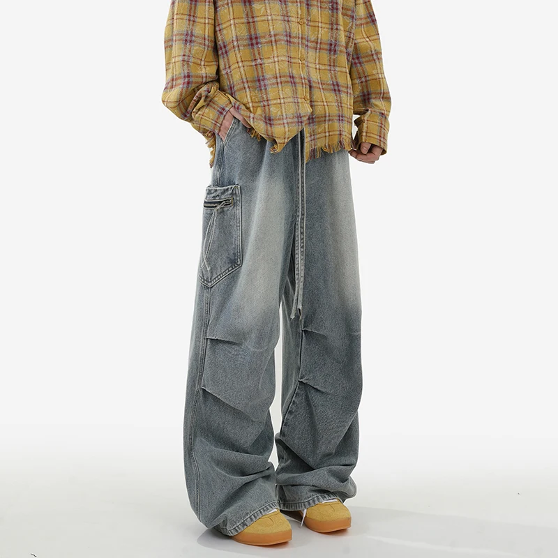 

Retro American Spring Autumn Workwear Jeans Men Women Large ket Wide Leg Paratrooper Loose Casual Straight Leg Jeans