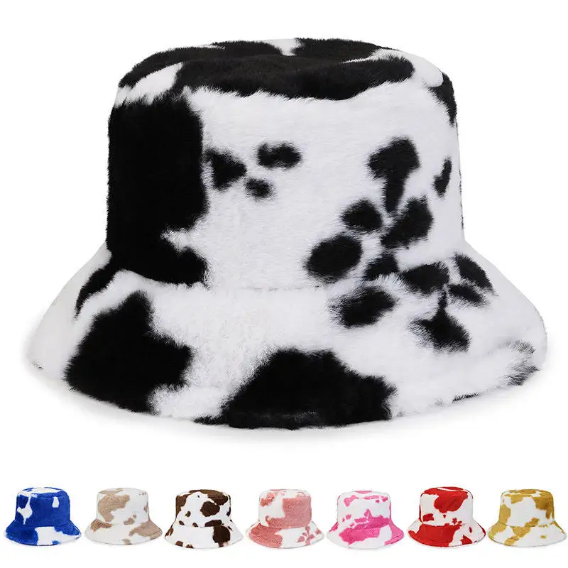 Women Cow Print Plush Bucket Hats Winter Outdoor Keep Warm Hat Trendy Ear Protection Fisherman Cap Soft Velvet Furry Panama Caps