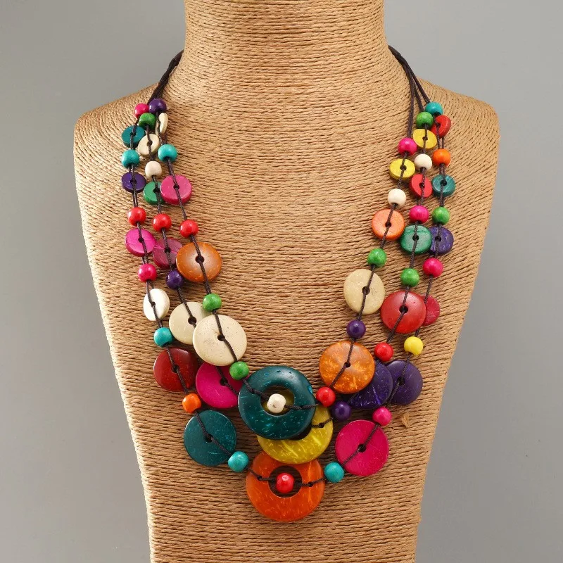 

Bohemian ethnic style multi-layer colorful round coconut shell wood beads vintage fashion handwoven necklaces wholesale