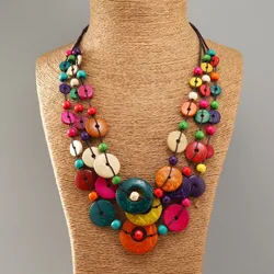 Bohemian ethnic style multi-layer colorful round coconut shell wood beads vintage fashion handwoven necklaces wholesale