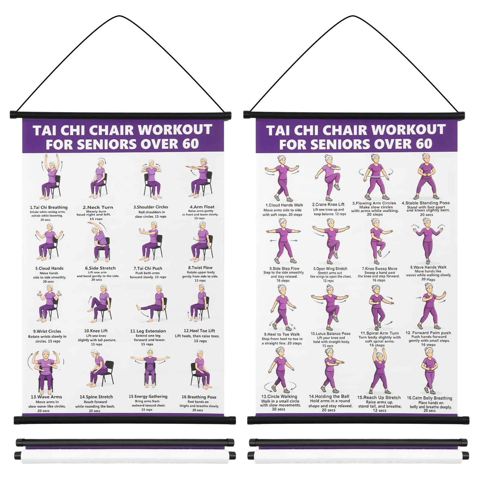 1/2Pcs Tai Chi Chair Workout Exercise Plan Poster for Senior 30 Day Home Fitness Guide Poster Senior Home Exercise Chart Balance
