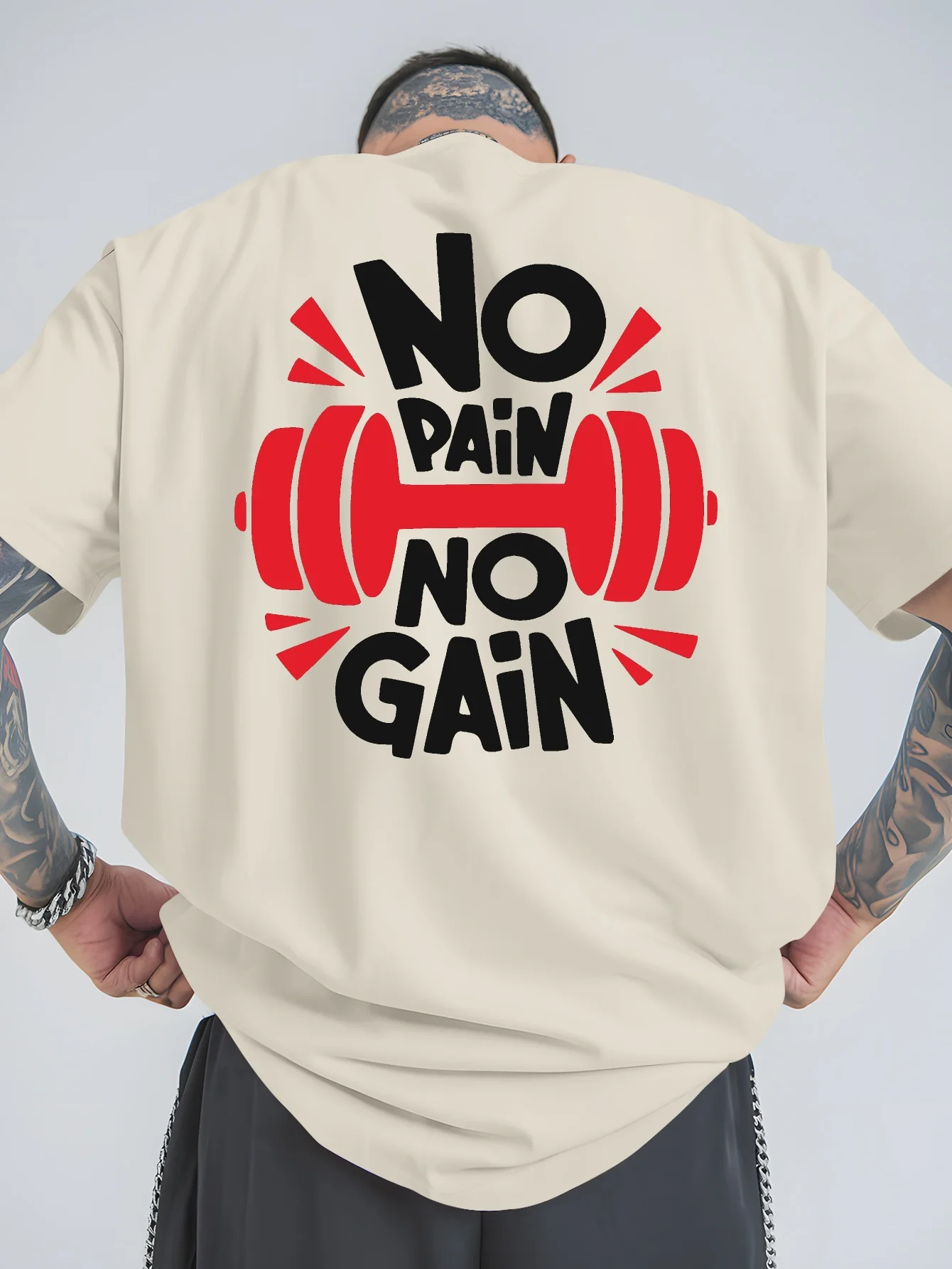 Camiseta Unissex de Algodão Oversized com Estampa 'NO PAIN NO GAIN' para Academia, Estilo Streetwear, Solta, Manga Curta, Casual e Tendência de Verão