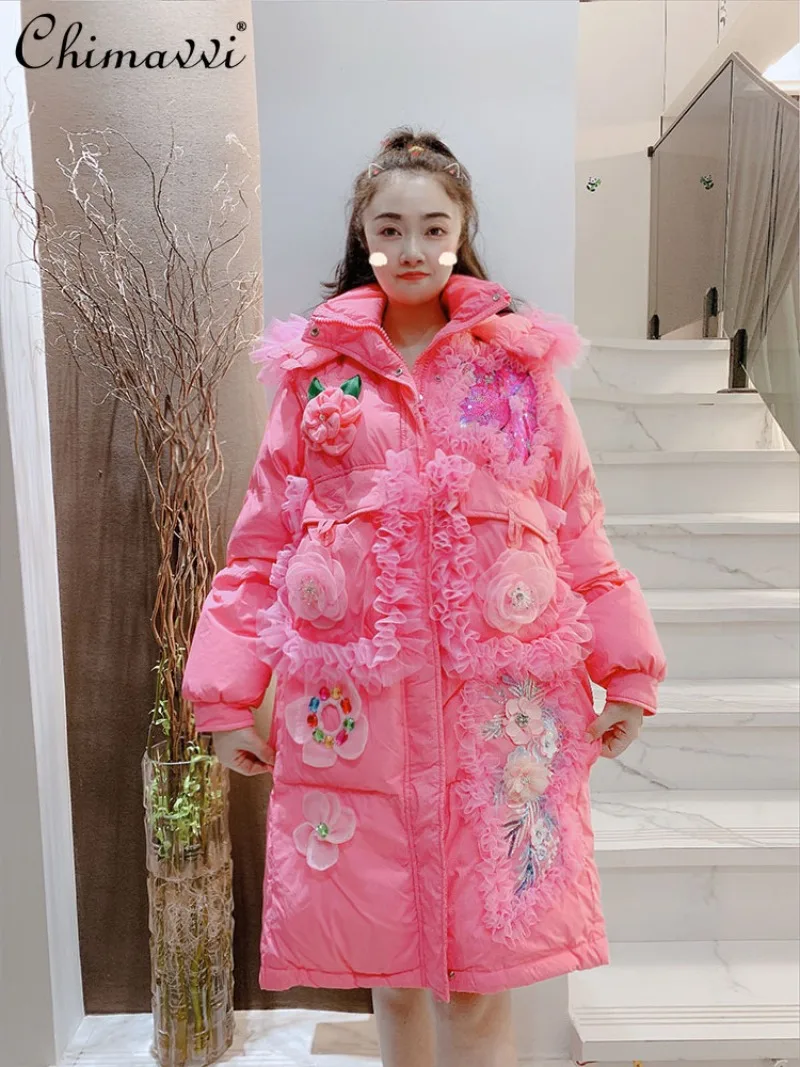 

Модный пуховик для женщин, зимний новый высококачественный 3D цветочный дизайн с блестками, милое теплое пальто средней длины с длинными рукавами для девочек