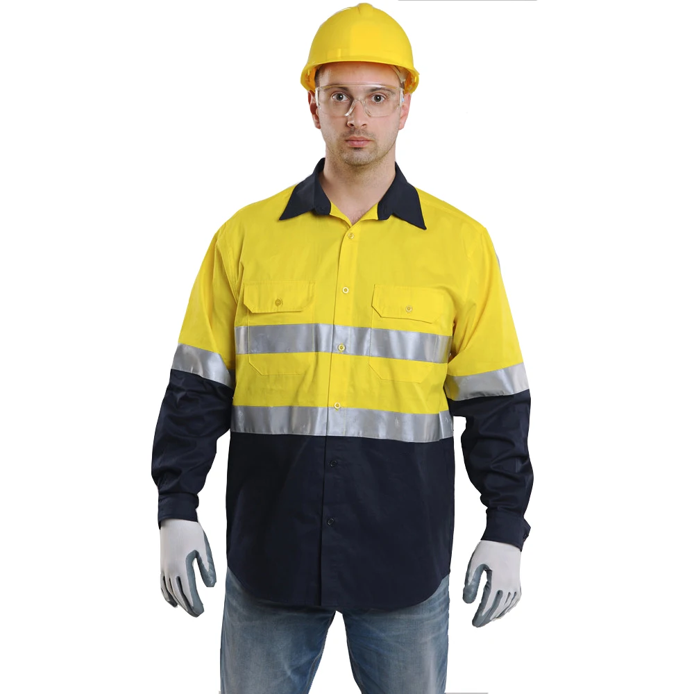 Camisa de trabajo de seguridad de dos tonos, ropa reflectante de trabajo, 100% algodón, naranja, azul marino, camisas de seguridad con cintas Hi Vis