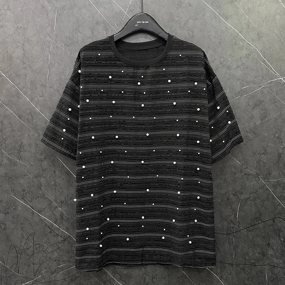 

Plus Size 2025 Summer New Striped Nail Bead Short Sleeved T-shirt women Loose Casual Black Long Length Fashionable Top
