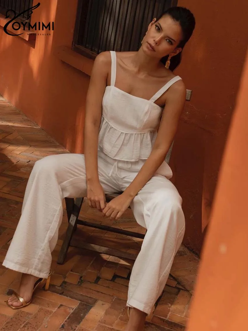 Oymimi Casual White Women 2 Piece Set Outfit Fashion Spaghetti Strap Crop Tops And Drawstring Pockets Trousers Sets Streetwear