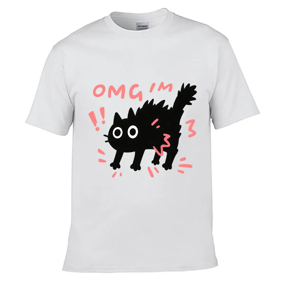 OMG Surprised Black Cat Graphic Pink Exclamation Marks Street Loose Simple Tee