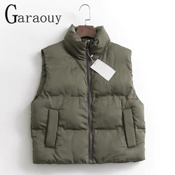 Garaouy 2023 Autumn Winter Women Tank Tops Stand Collar Sleeveless Zip Vest Coats Female Simple Solid Warm Add Cotton Waistcoat