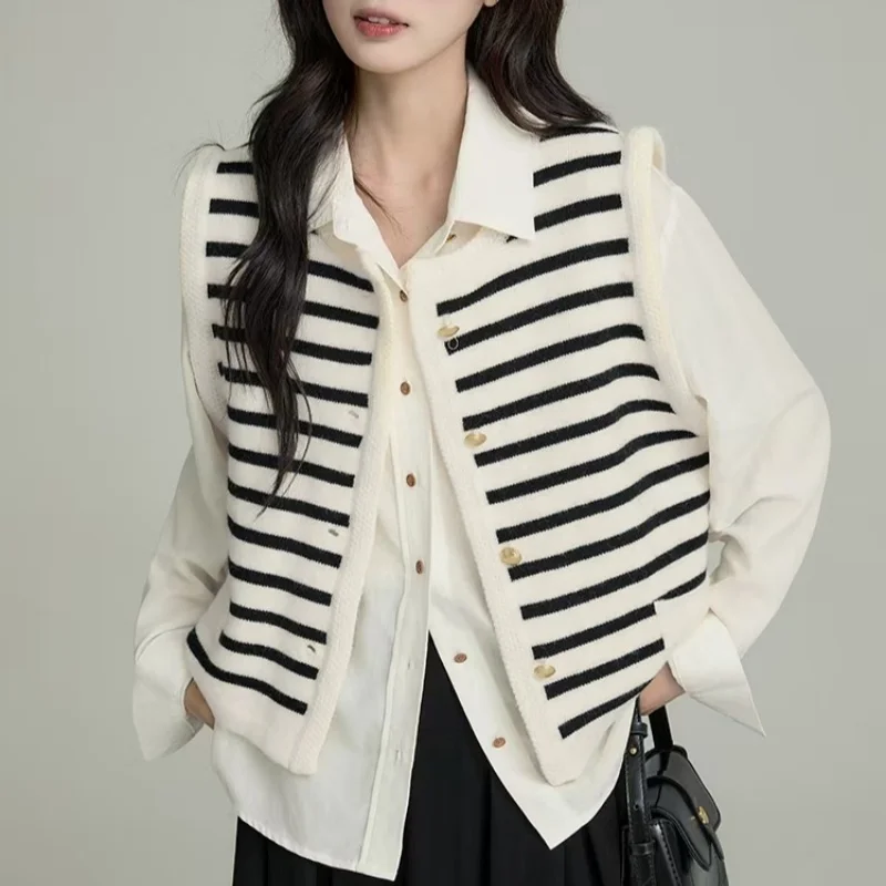 

Elegant Office Lady's Stripe Cardigan Korean Chic Pretty Women's Sweaters Casual Matching Women's Cardigan Vintage Women's Vest