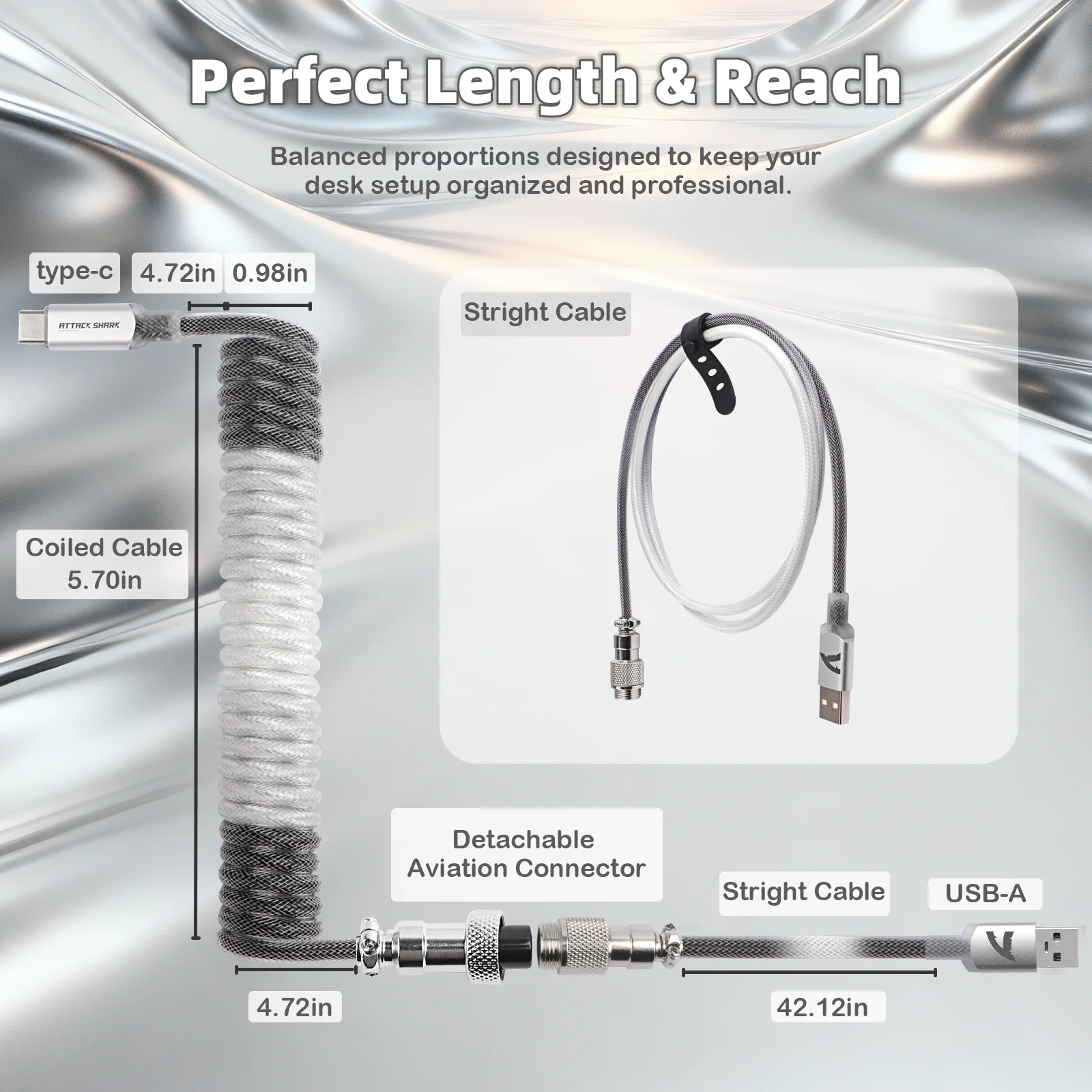 ATTACK SHARK C01 Ultimate RGB Coiled Keyboard Cable, Braided Aviation Plug USB-C 8K Sync LED Breathing Gradient — zdjęcie produktu 6