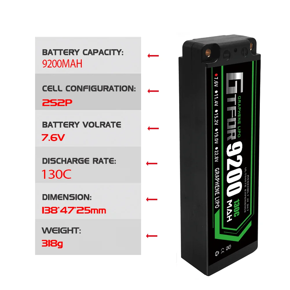 GTFDR 2S Lipo Battery 7.6V 130C 9200mAh 5mm T Plug Hardcase For 1/10 Buggy Truggy Offroad Boat Car Boat Truck RACING Helicopter