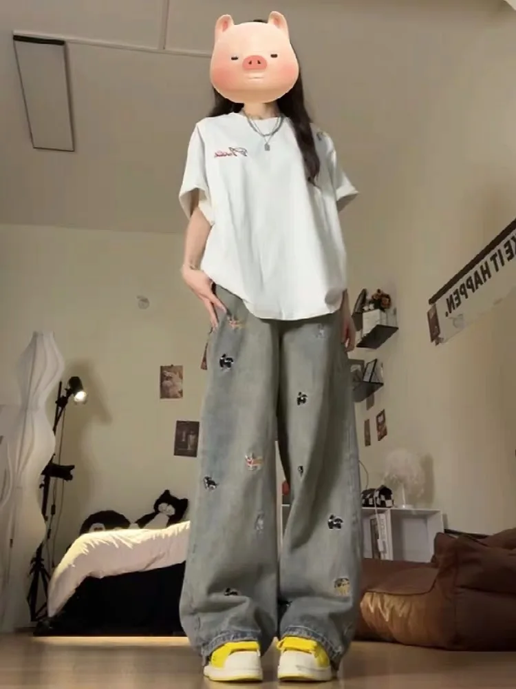 American Style High Waist Wide Leg Embroidered Denim Jeans Women Spring Summer New Lazy Draping Straight Floor-Length Pants