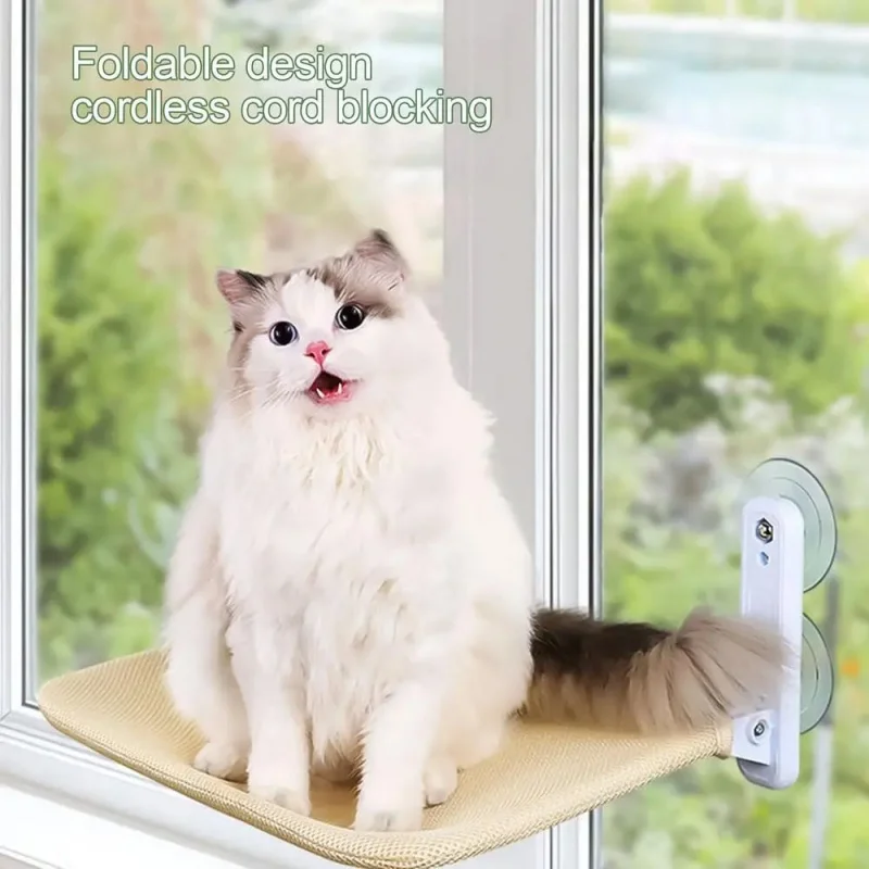Foldable Cat Window Perch Cordless Cat Hammock with Strong Suction Cups Breathable Scratch-Resistant Sturdy Steel Frame Cat Bed