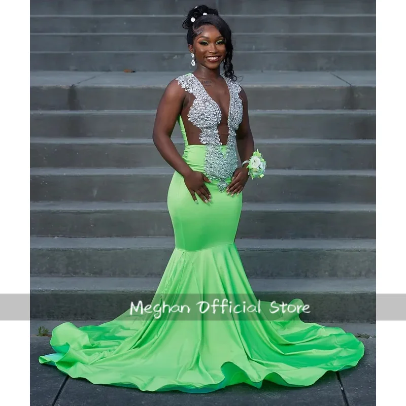 

Лаймово-зеленые афроамериканские платья для выпускного вечера для черных девочек, элегантное вечернее платье русалки с прозрачными кристаллами, вечернее платье по индивидуальному заказу