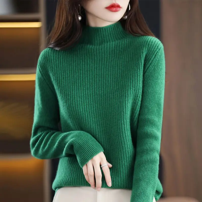 2023 New Women Wool Sweater Autumn Half Turtleneck All-Match Sweater Female Fashion Loose Cashmere Sweater Bottoming Shirt