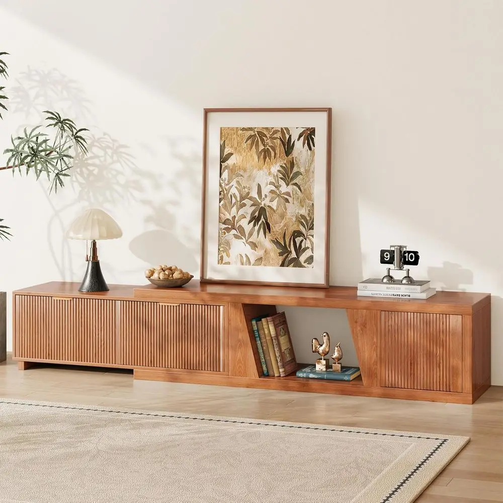 

98 Inch Wide Wooden TV Stand with Adjustable Shelves and Storage Cabinet, Warm Brown Oak Finish