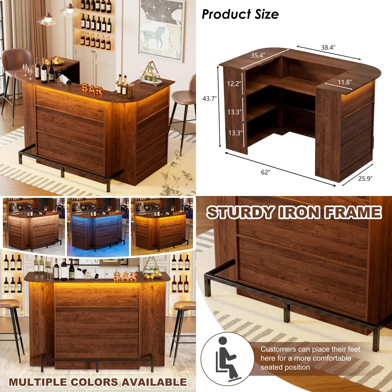 

U-образный деревянный барный шкаф с LED-подсветкой и держателями для бокалов, 3-уровневое хранилище для алкоголя для гостиной и столовой, на заказ