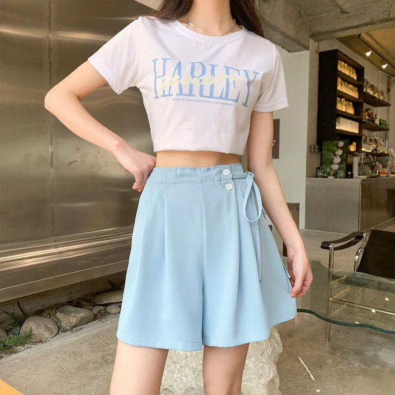 Suit Shorts Women Summer Thin Ice Silk Shorts High Waist A-line Slim Wide Leg Short Pants Loose Casual Ladies Summer Clothes