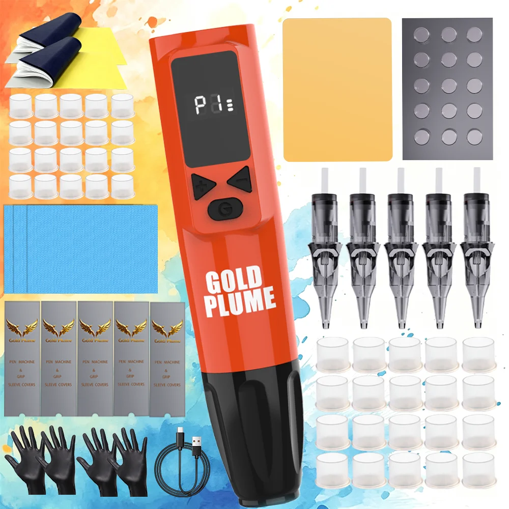 GoldPlume Wireless Tattoo Pen Kit Red, LCD Display, 10 Cartridge Needles, Ink Cups, Gloves, Wipes & USB Cable for Beginners