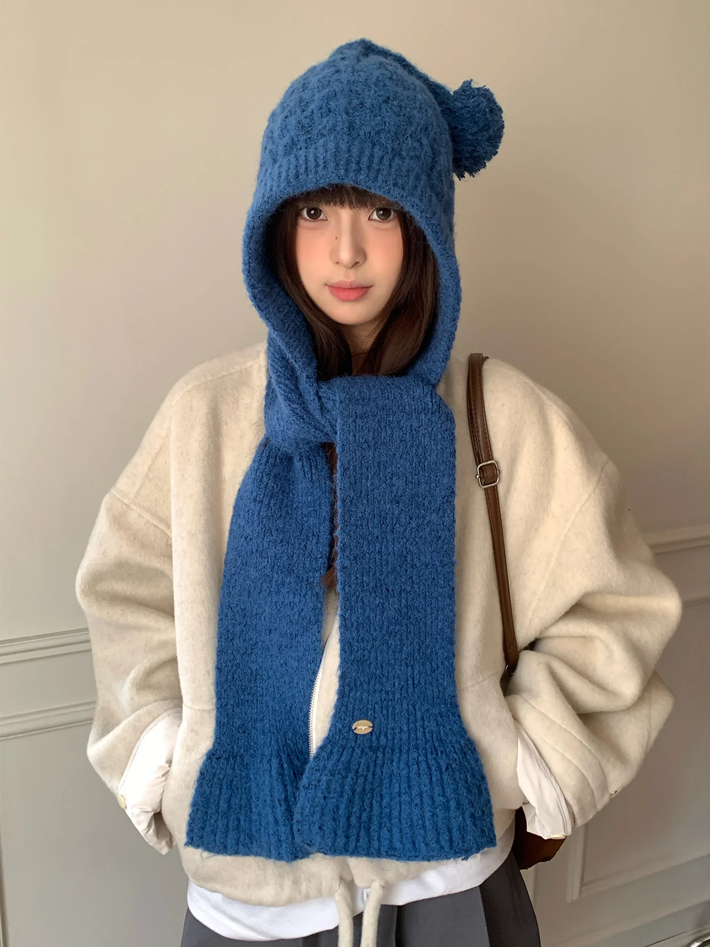 Woolen Korean-Style Blue Knitted Balaclava For Women Winter Warm Hat And Scarf