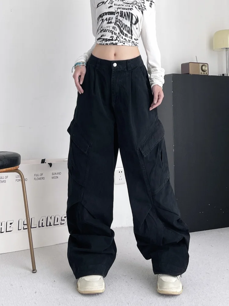 2024 Cyber Y2K Streetwear Multi Taschen Vintage Braun Baggy Jeans Hosen Für Frauen Kleidung Breite Bein Lose Luxus Dame Hosen