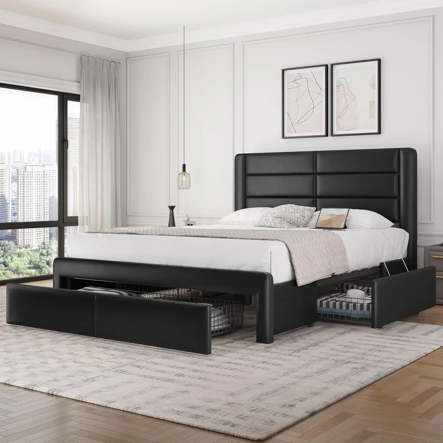 

Queen Size Bed Frame with Headboard/2 USB Charging Station/Port for Type A&Type C/3 Storage Drawers/Solid Wood Slat /Black