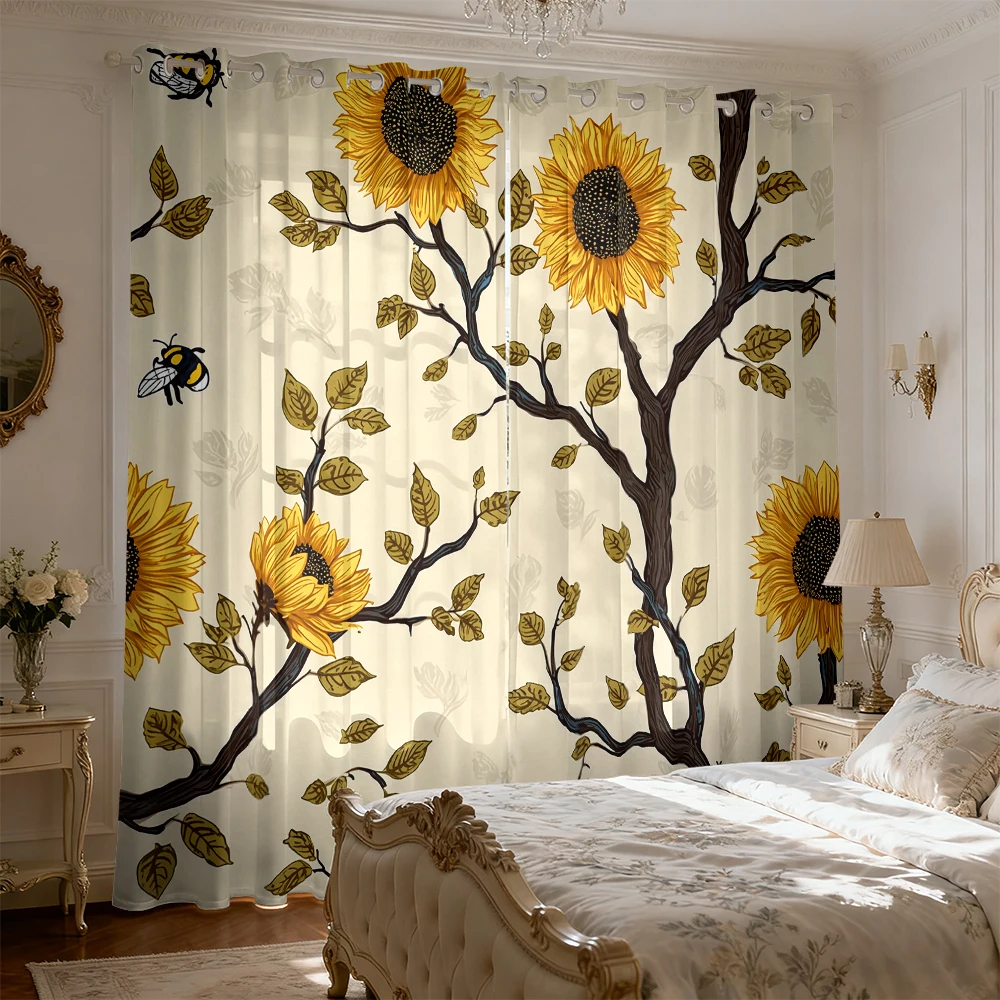 2pcs Vintage Hand-painted Sunflowers Branches Bees Decorative Blackout Curtains for Living Room Bedroom