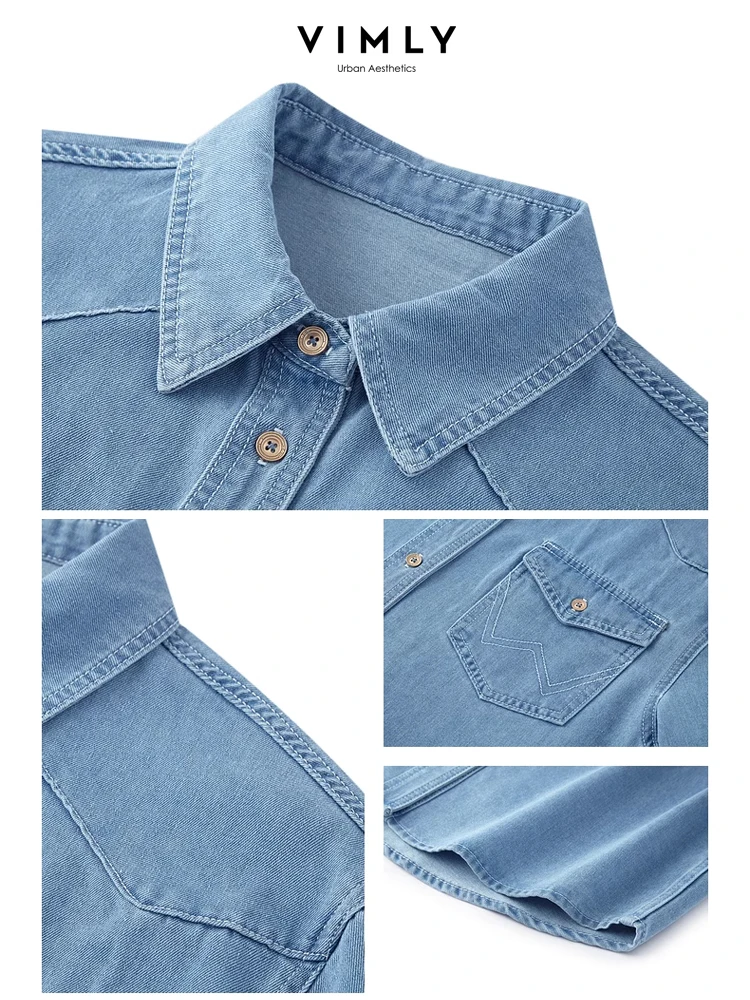 Vimly Women Blue Denim Shirt 2024 Spring New Casual Loose Retro Lapel Button Down Drop Long Sleeve Tops Denim Jacket Coat 72687