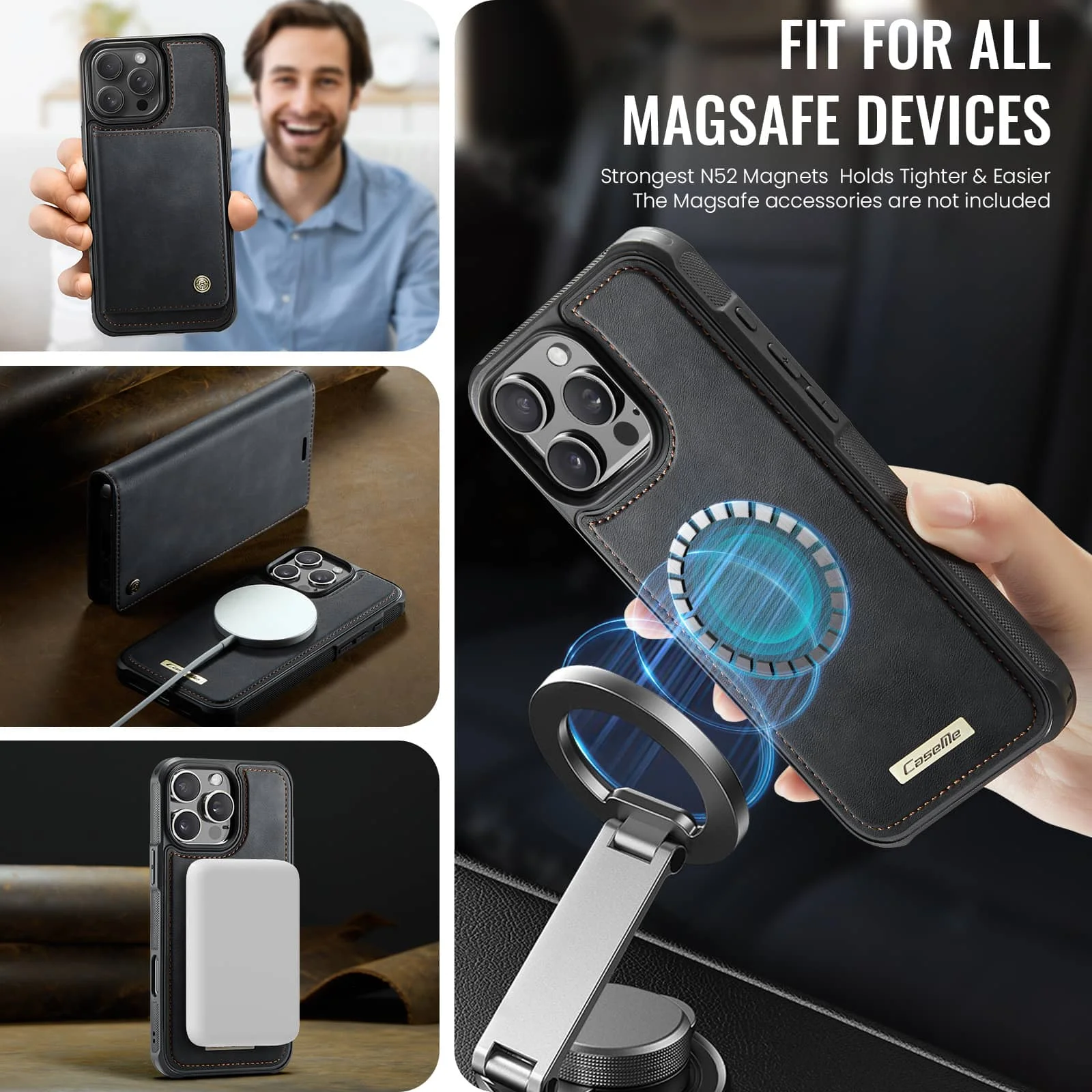For iPhone 16e 16 15 14 13 12 11 Pro Max Detachable Wallet Case Compatible with Magsafe, 2-in-1 PU Leather Flip RFID Blocking
