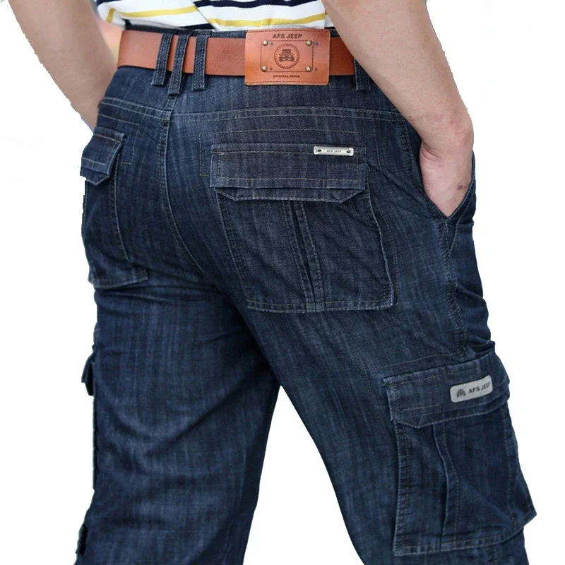

Men's Spring Jeans Pants Workwear Multi-pockets Cargo Jeans Straight Motorcycle Denim Pants Casual Biker Long Trousers