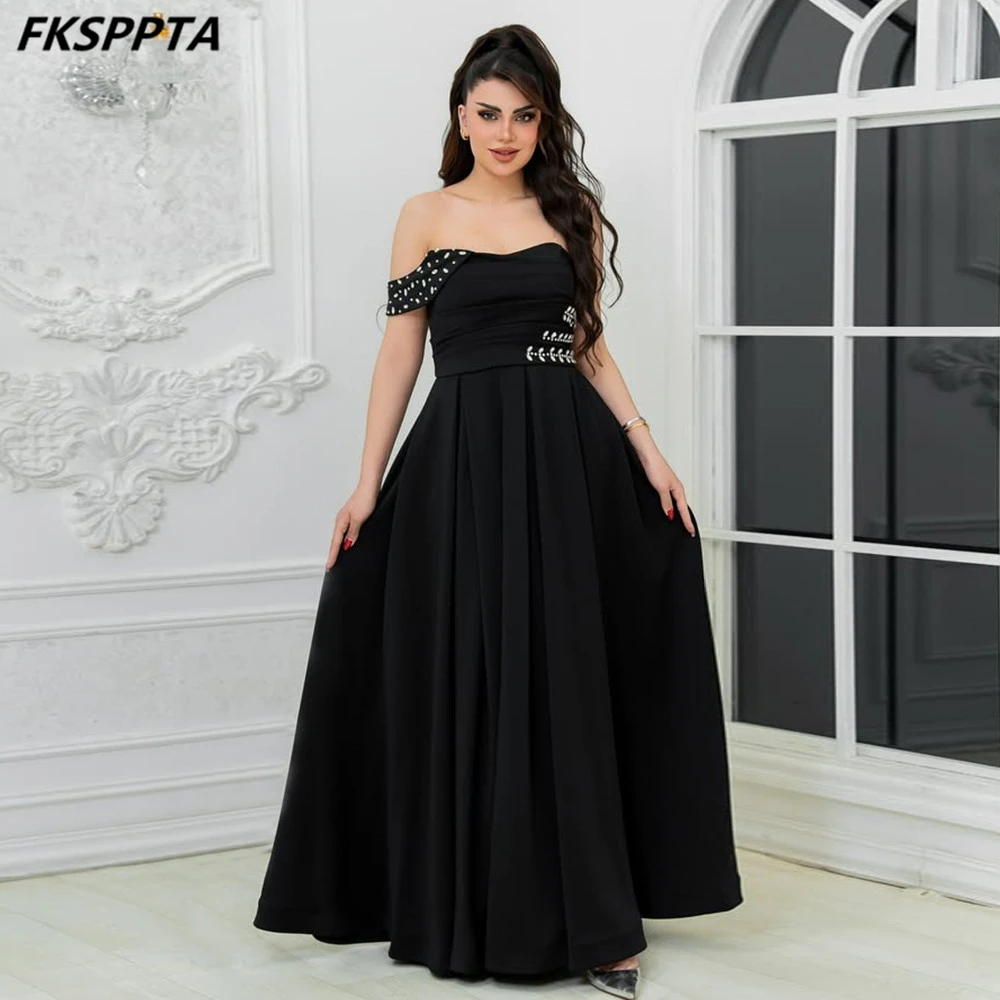 

New 2025 Black Evening Dress With Crystals Sweetheart A Line Floor Length Long Formal Occasion Gowns For Wedding Party Plus Size