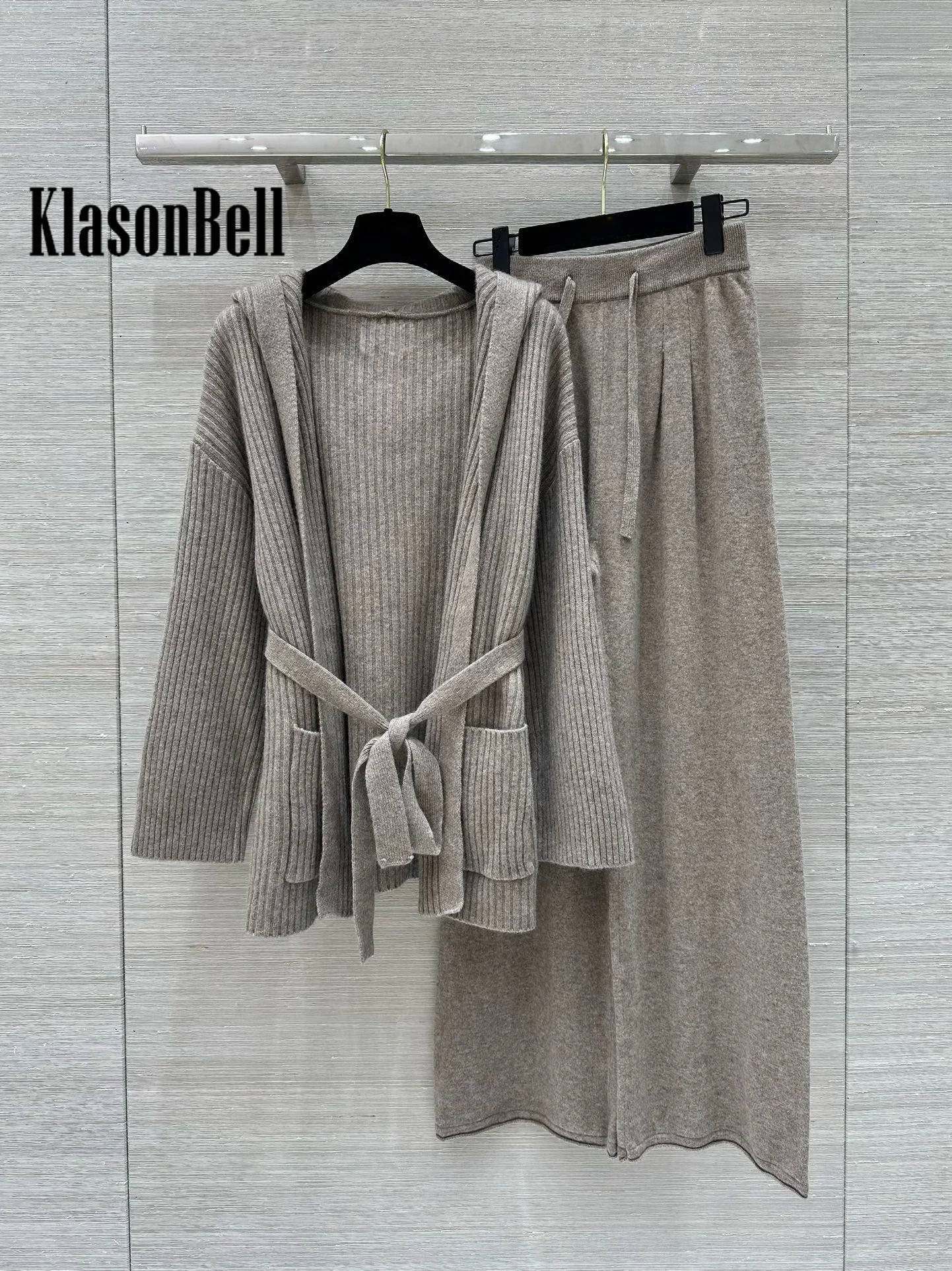 10.11 KlasonBell Women\'s Fashion Double Pocket Bandage Cardigan Coat Or Drawstring Elastic Waist Wide Leg Pants Wool Knit Set