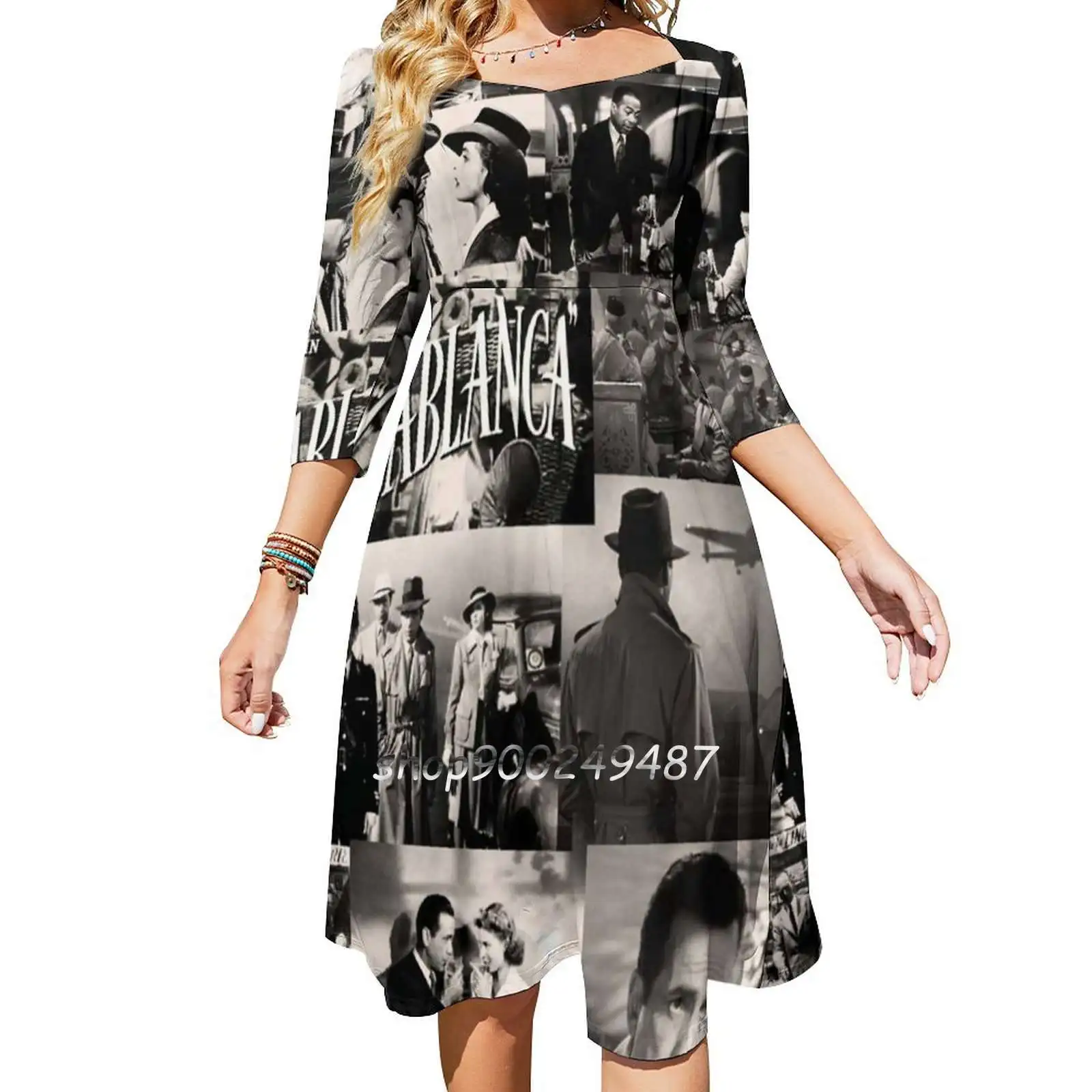 Casablanca Flare Dress Square Neck Dress Elegant Female Fashion Printed Dress Casablanca Humphrey Bogart Classic Movie Film Old