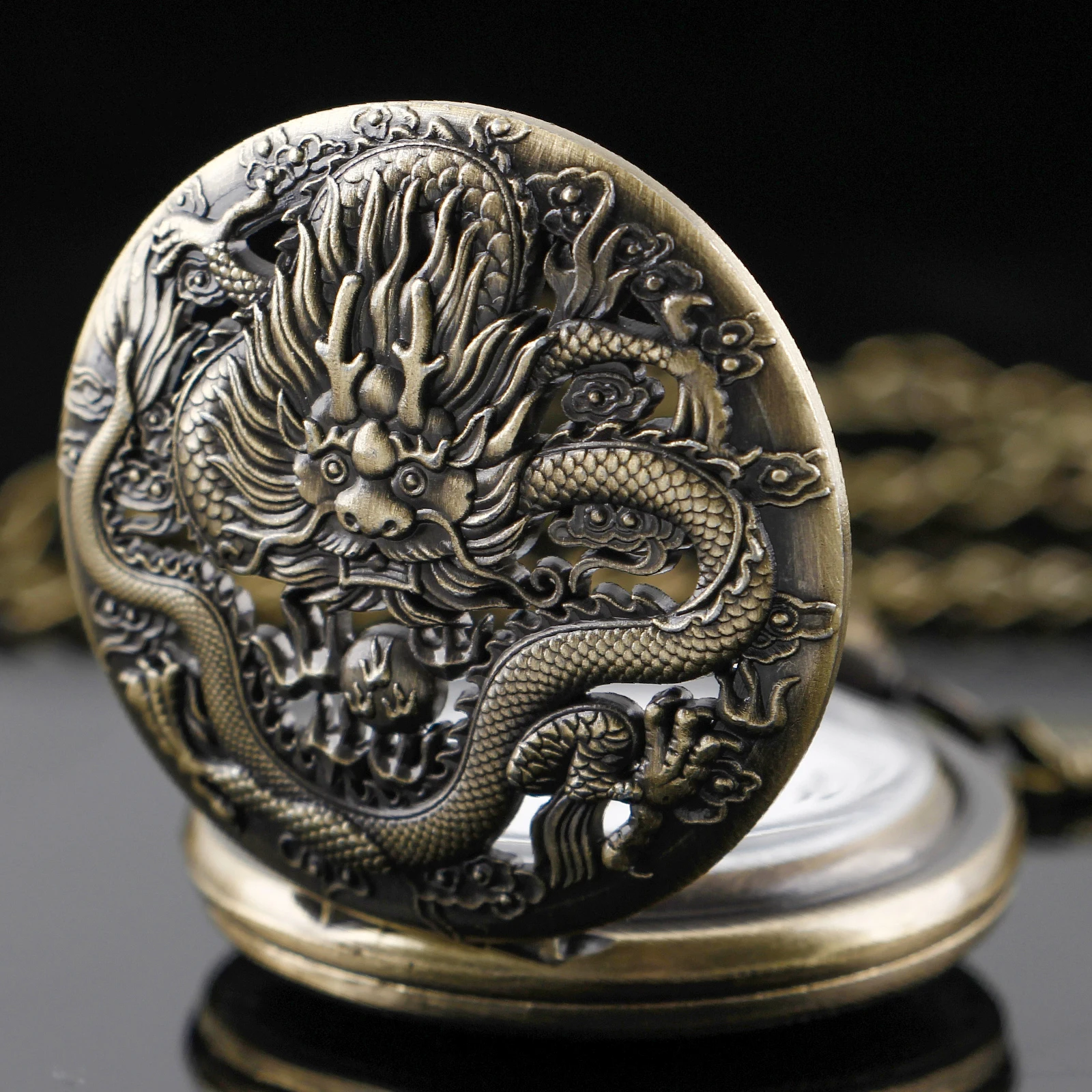 Винтажные бронзовые карманные часы с полым дизайном дракона, кварцевые карманные часы для женщин и мужчин с цепочкой, ювелирные аксессуары, подарки